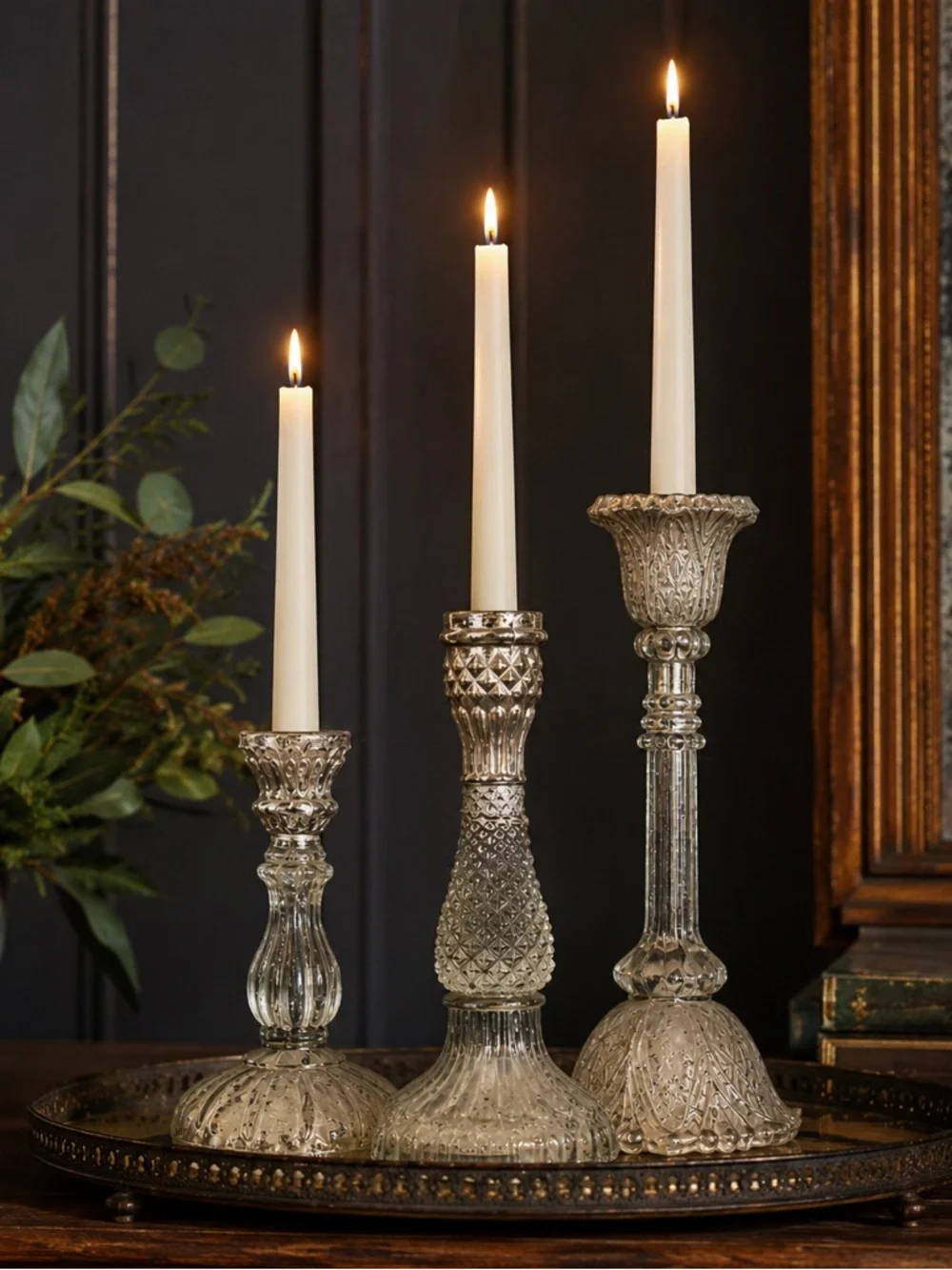 Pottery Barn Eclectic Mercury Glass Taper Candle Holders - New, Set of 3